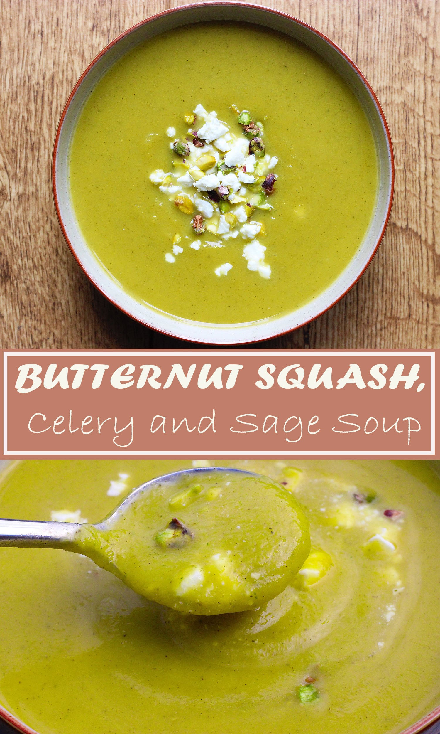 Butternut squash soup with celery and sage and topped with feta and chopped pistachios Butternut squash soup with celery and sage and topped with feta and chopped pistachios